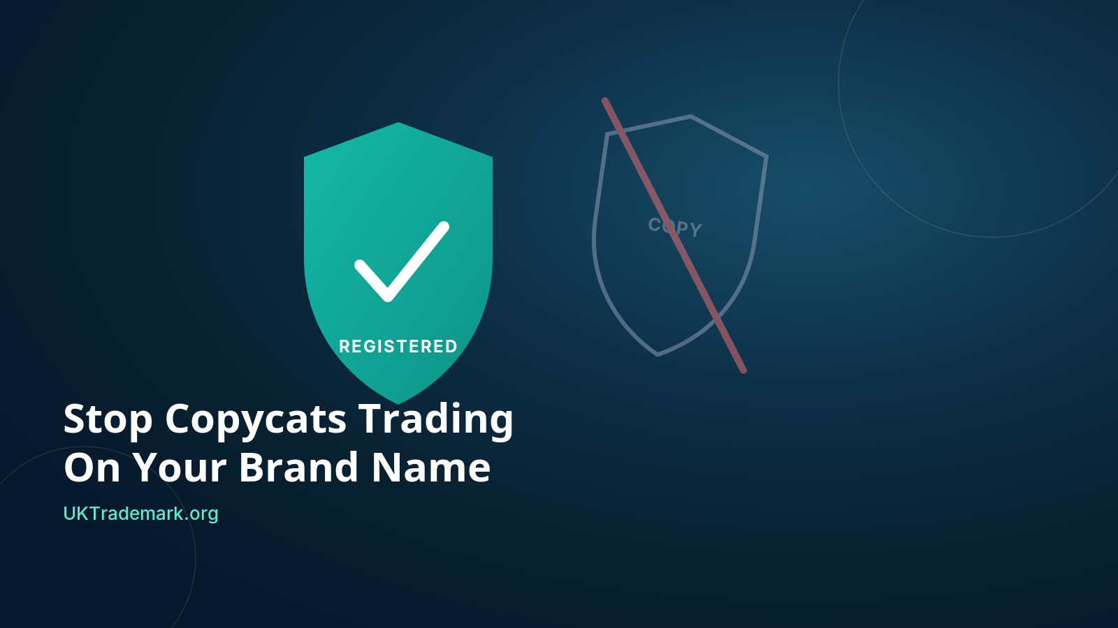 A genuine registered trademark shield stands strong while a faded copycat shield is struck through
